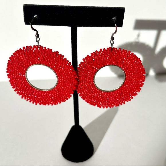 Jewelry - RED BEADED Statement Hoop Earrings